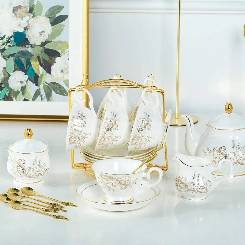 22-Pieces Porcelain Bone China Tea Sets, Gold Rim Coffee Set with Golden Metal Rack