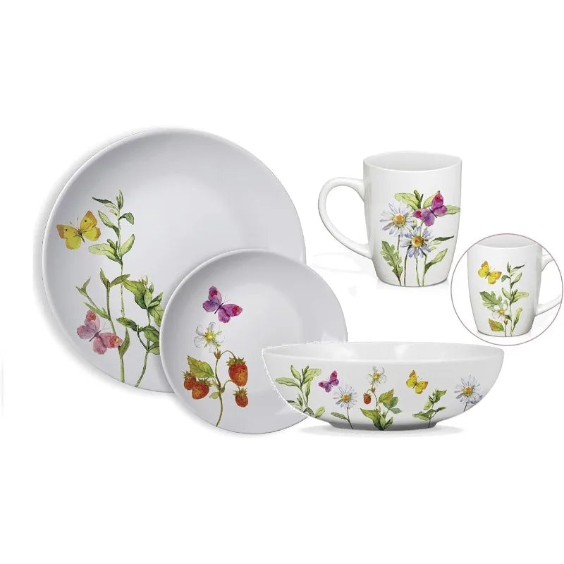 16 Piece Botanical Butterflies Dinner Set, 16pcs, White