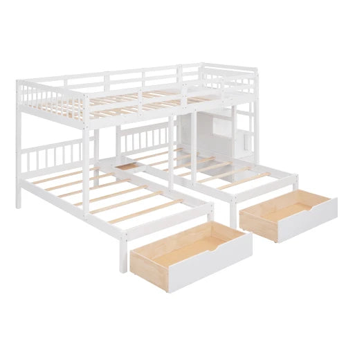 Wood Full over Twin & Twin Bunk Bed,Triple Bunk Bed with Drawers