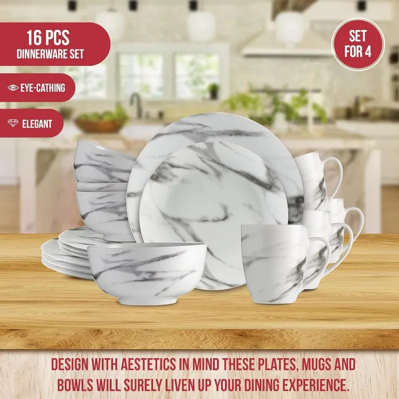 16-Piece Marble Dinnerware Set, Porcelain, White