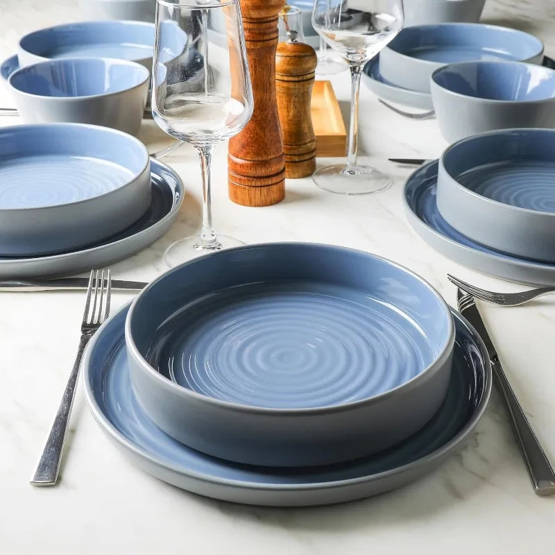 12-Piece Modern Stoneware Dinnerware Plates and Bowls Set for 4, Blue and Grey