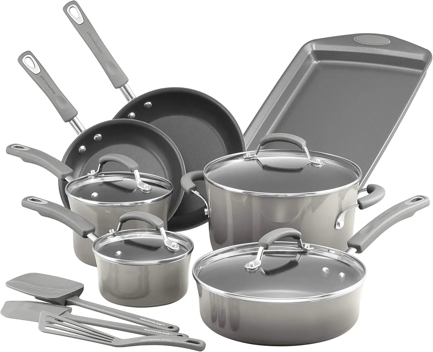 Brights 14 Piece, Nonstick Cookware Pots and Pans Set, Sea Salt Gray