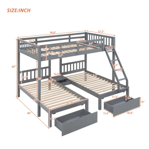 Wood Full over Twin & Twin Bunk Bed,Triple Bunk Bed with Drawers