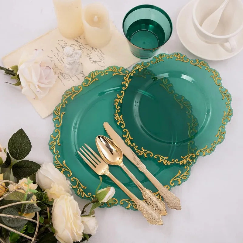 175PCS Clear Green Plastic Plates & Gold Plastic Silverware & Clear Green Cups & Gold Napkins, Service 25 Guest