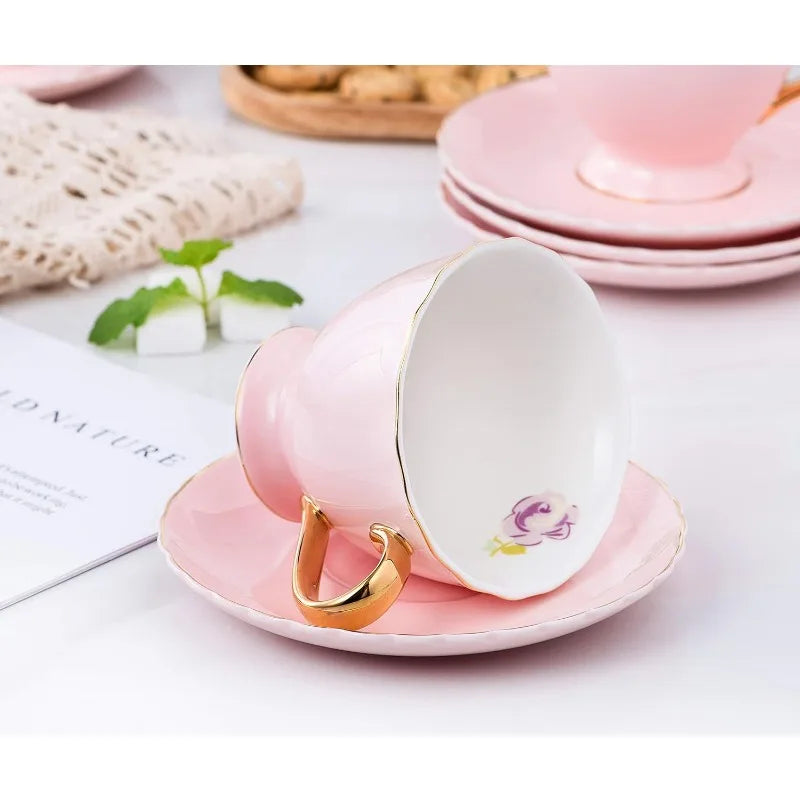 Set of 6 Porcelain Tea Cup and Saucer with Spoon, (pink) 7oz)