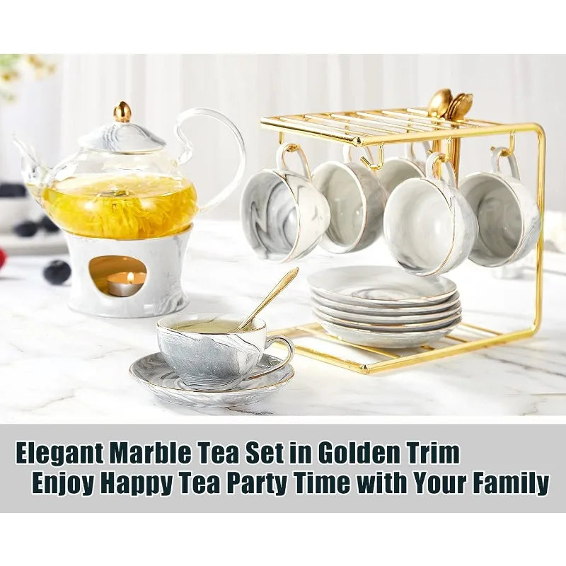 21 pcs Marble Texture Small Tea Set with Handcraft Golden Trim