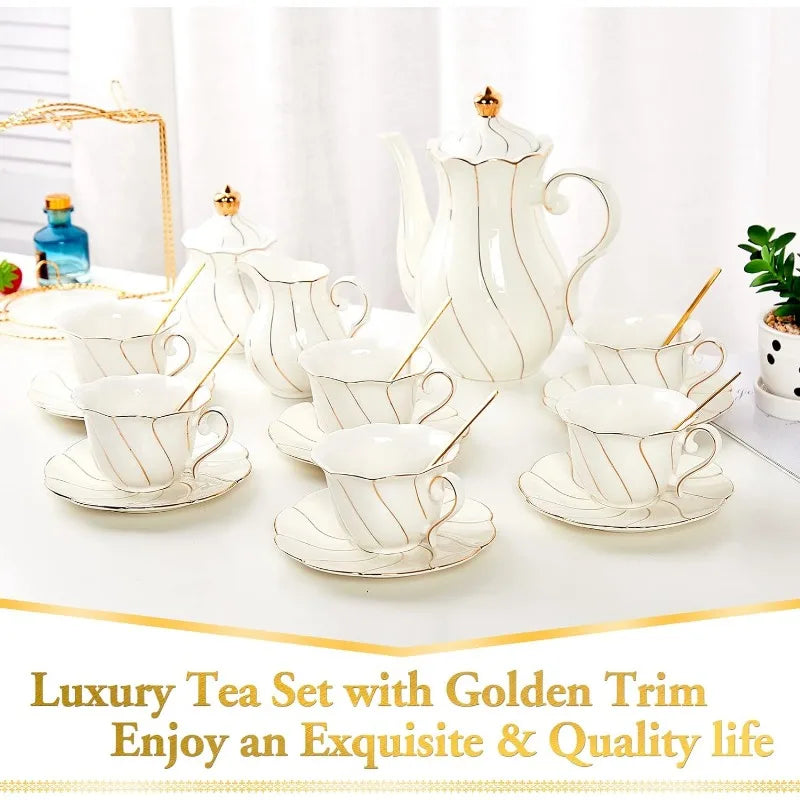 22 pcs Porcelain Tea Set for 6, Luxury British Style Tea/Coffee Cup Set with Golden Trim