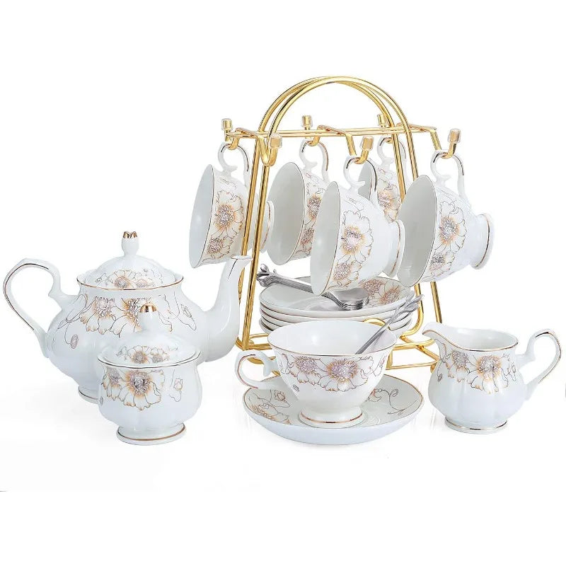 22-Piece Porcelain Ceramic Tea Sets, Service for 6- Teapot, Sugar Bowl ,Creamer Pitcher