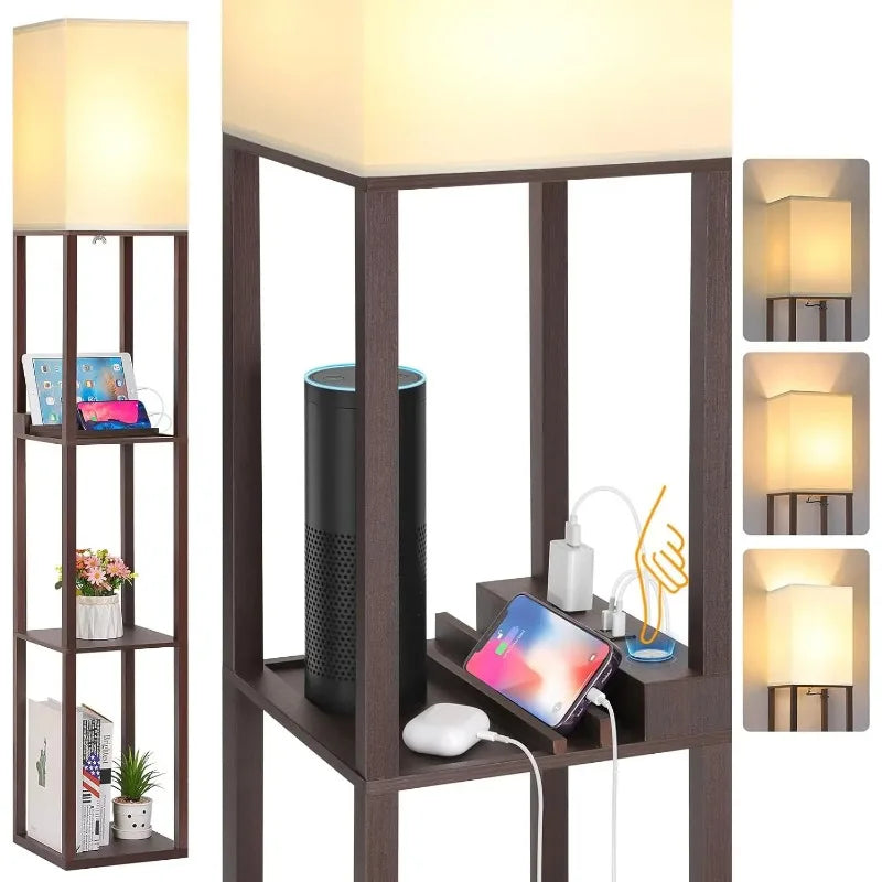 Touch Control LED Floor Lamp with Shelves, Charging USB, Type C Port and Power Outlet