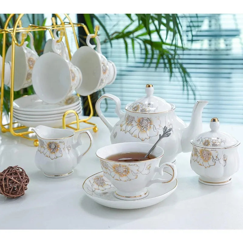 22-Piece Porcelain Ceramic Tea Sets, Service for 6- Teapot, Sugar Bowl ,Creamer Pitcher