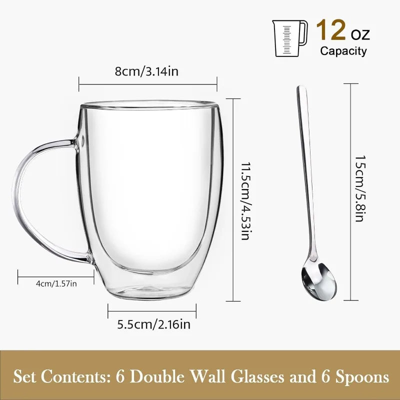 12 Oz Clear Double Wall Glass Coffee Mugs with Handle, Set of 6