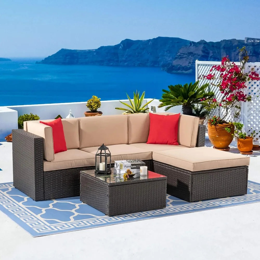 5 Piece All-Weather Brown PE Wicker Patio Furniture Set