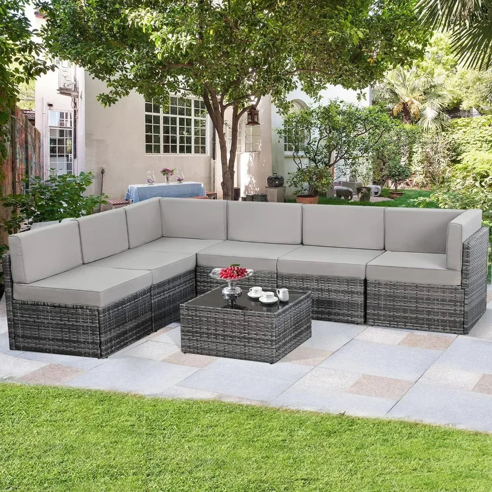 7 Piece Wicker Outdoor Sectional Sofa Patio Furniture Set