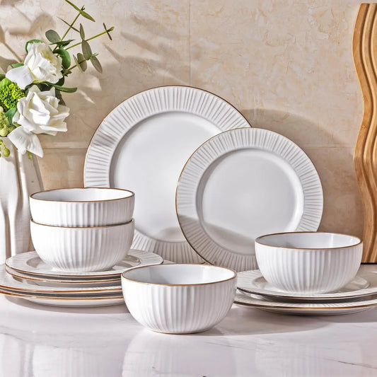 12-piece Elegant Embossed Ceramic Dinnerware Set| Dishwasher & Microwave Safe