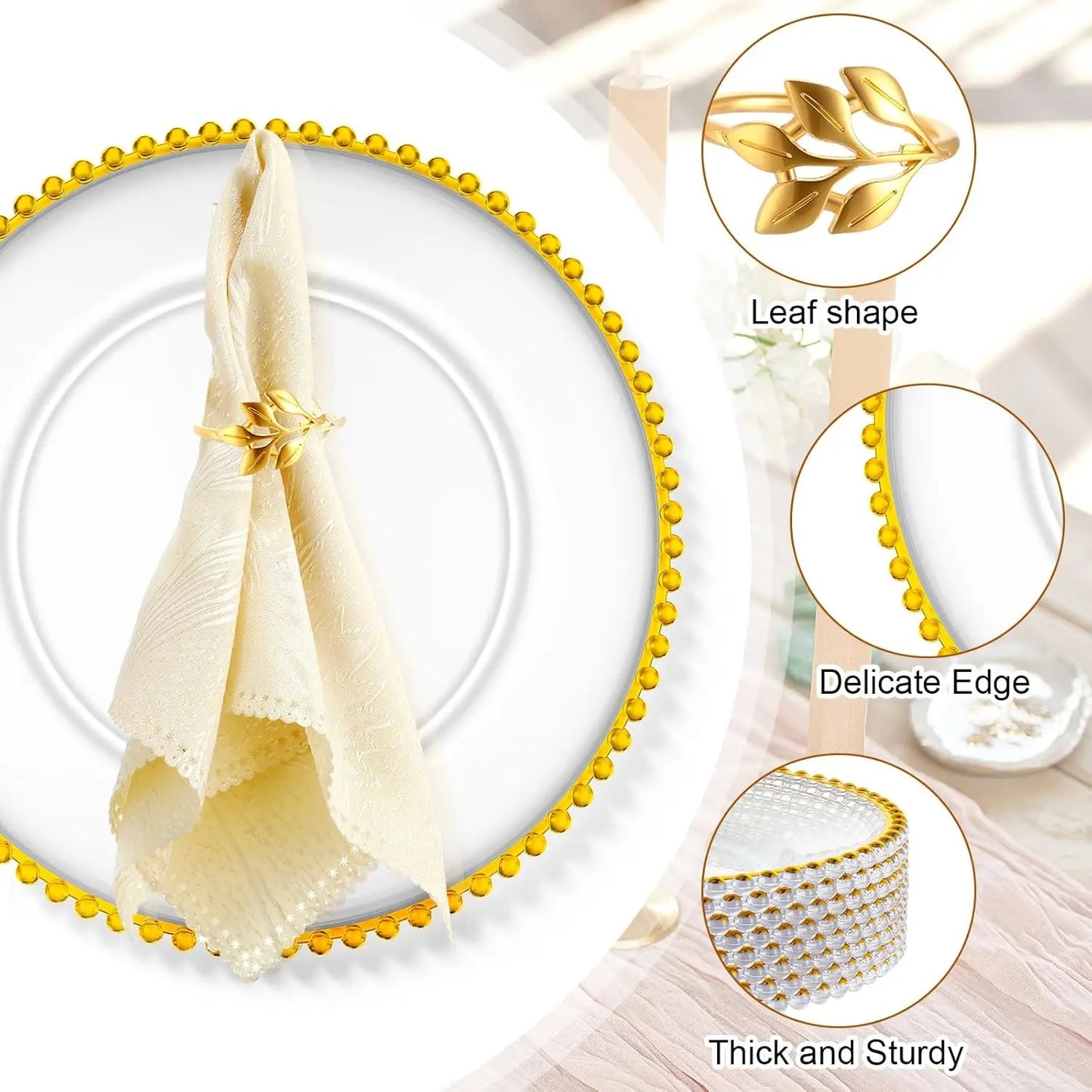 50 piece Clear 13 Inch Plastic Beaded Charger Plates - Gold Trim or Silver Trim options