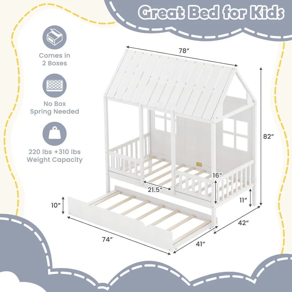 Kids Wooden Twin House Bed Frame with Trundle, 82" Tall Roof, Windows and Guardrail