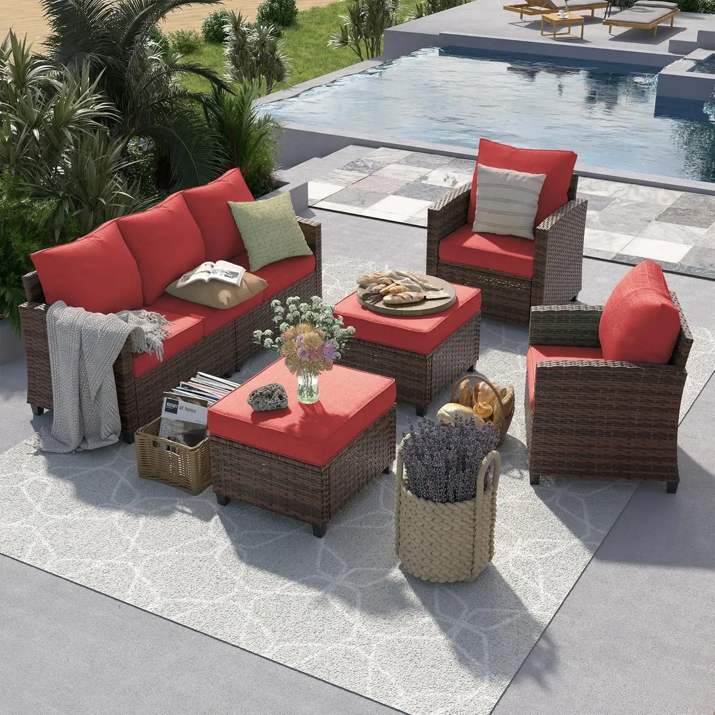 6 Pieces Sectional Conversation Patio Set with 44" Fire Pit Table