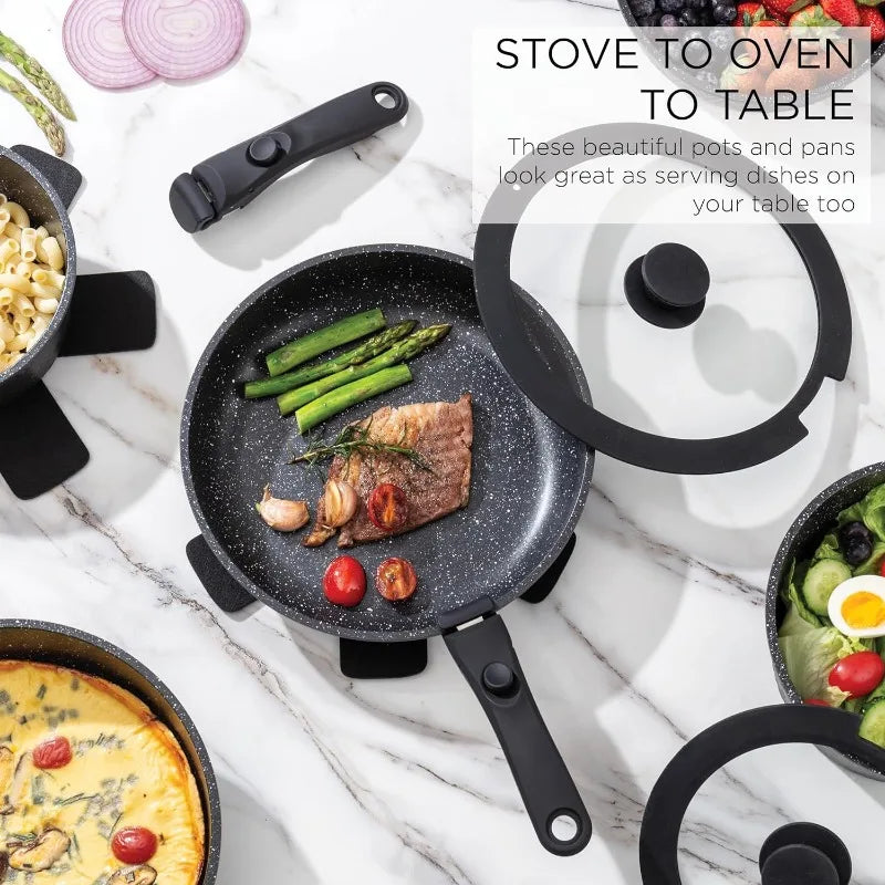 16 Piece Healthy Safe Ceramic Nonstick Kitchen Cookware with Soft Touch Removable Handle