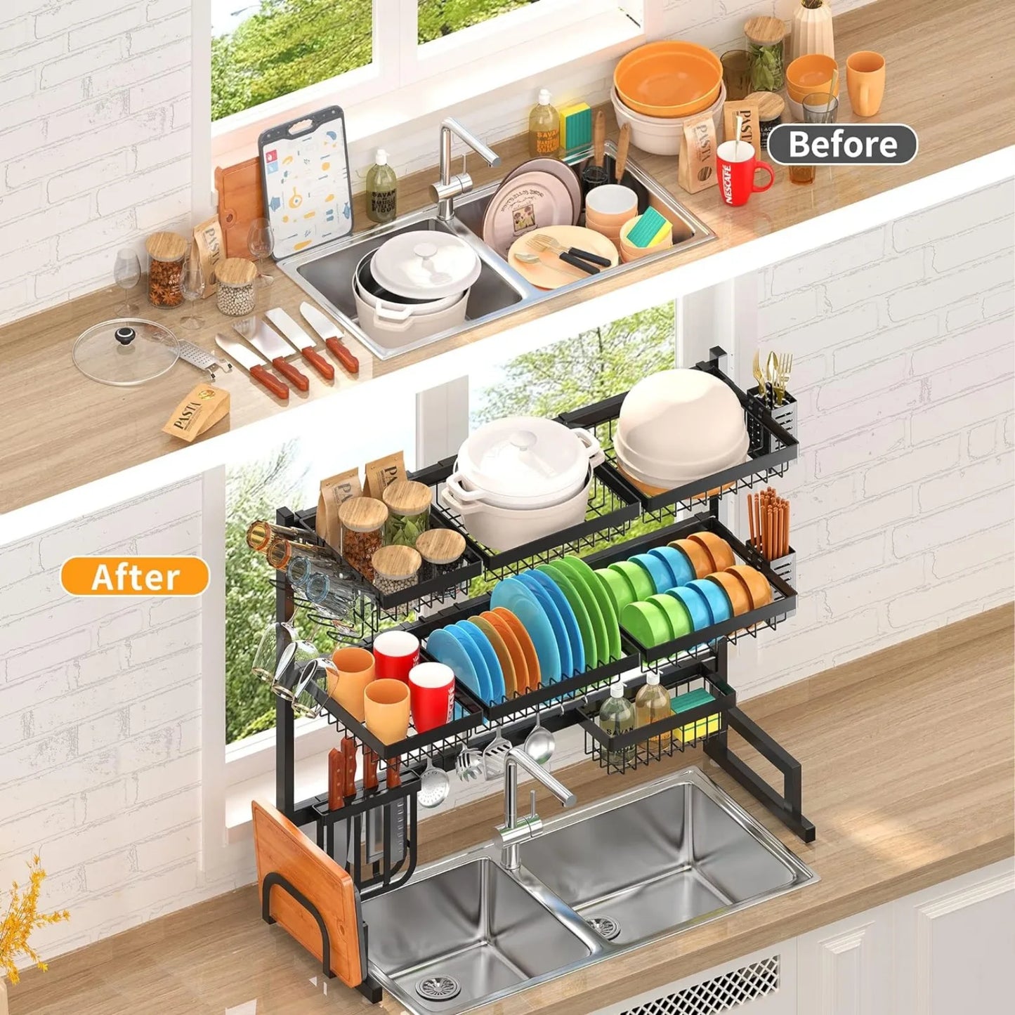 3 Tier, Adjustable Over Sink Dish Drying Rack (34"-45")