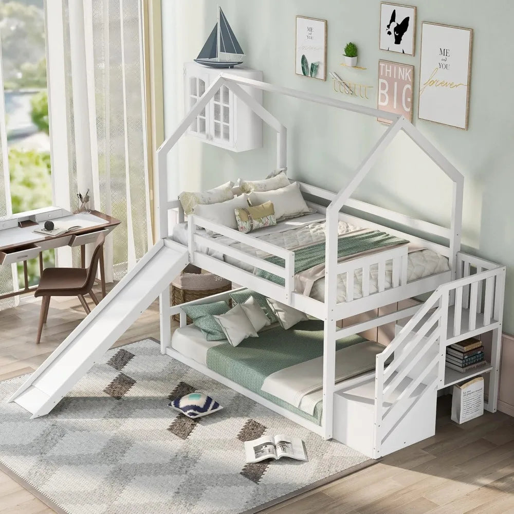 Twin Over Twin Solid Wood House Bunk Bed Frame with Slide