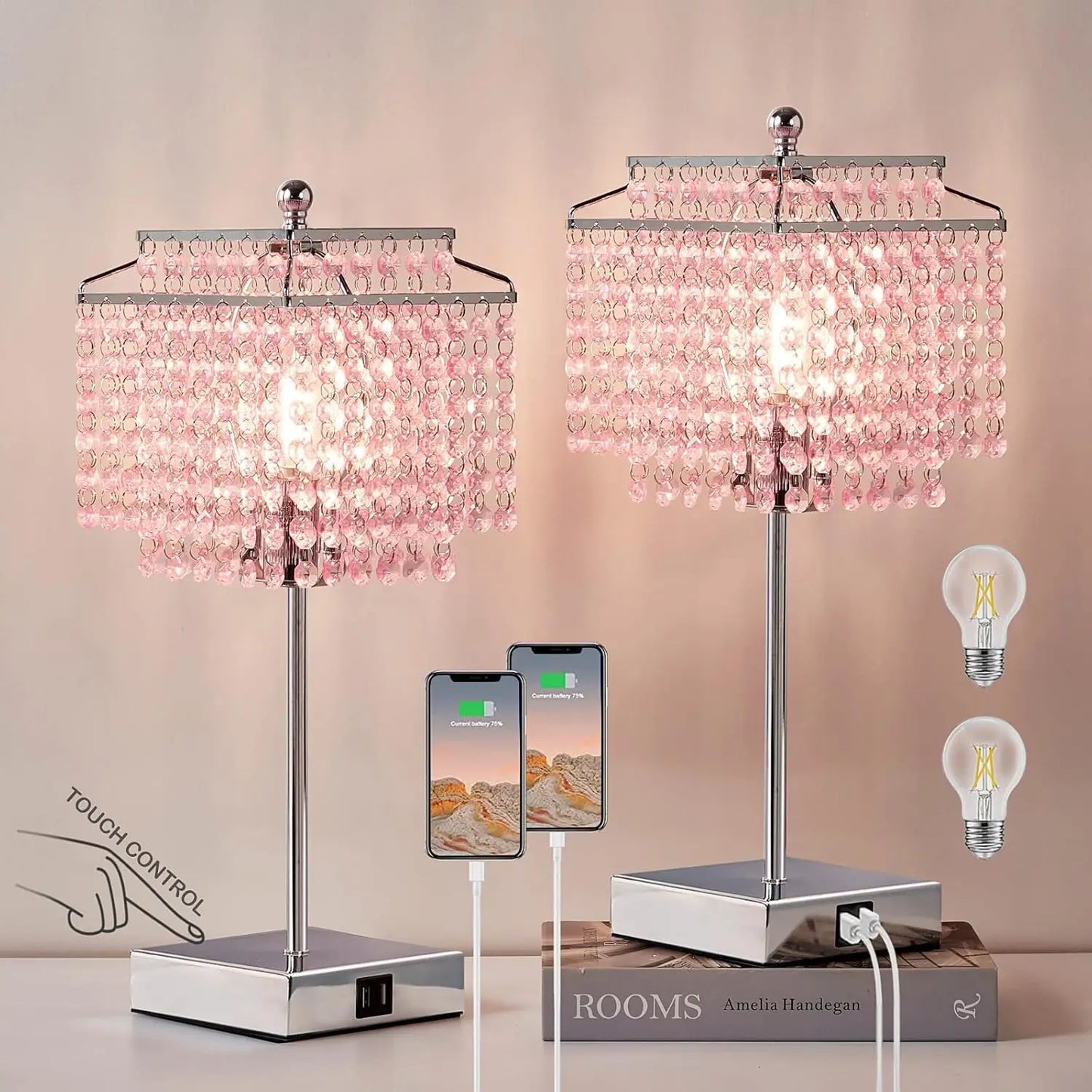 Set of 2, Pink Crystal Bedside Table Lamps, Touch Control , 3-Way Dimmable