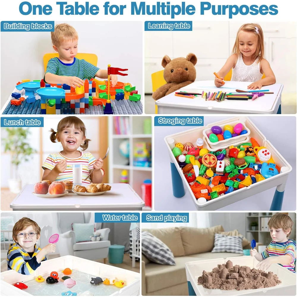 7 in 1 Kids Activity Table and Chair Set with 152Pcs Large Marble Run Building Blocks