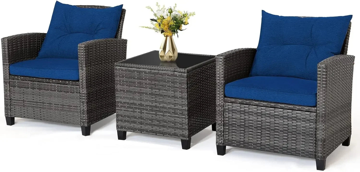 3 Piece Outdoor Rattan Sofa Set with Tempered Glass Tabletop