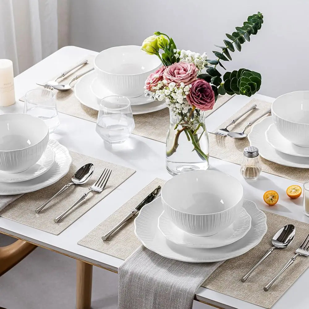 12 Piece Sunburst Pattern Porcelain Dinnerware Set For 4, Frost White