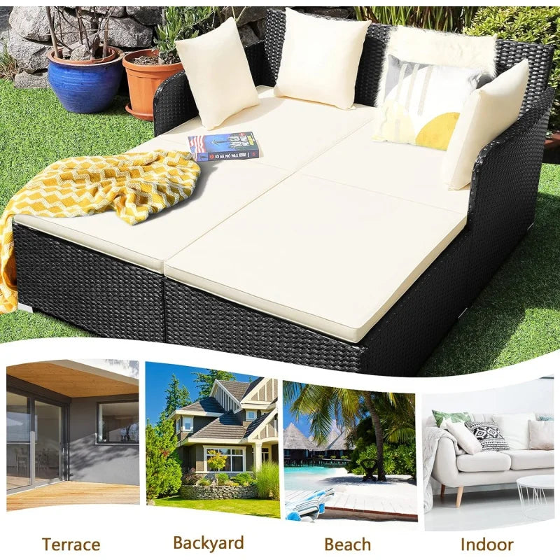 Outdoor Wicker Rattan Patio Daybed with Padded Cushions