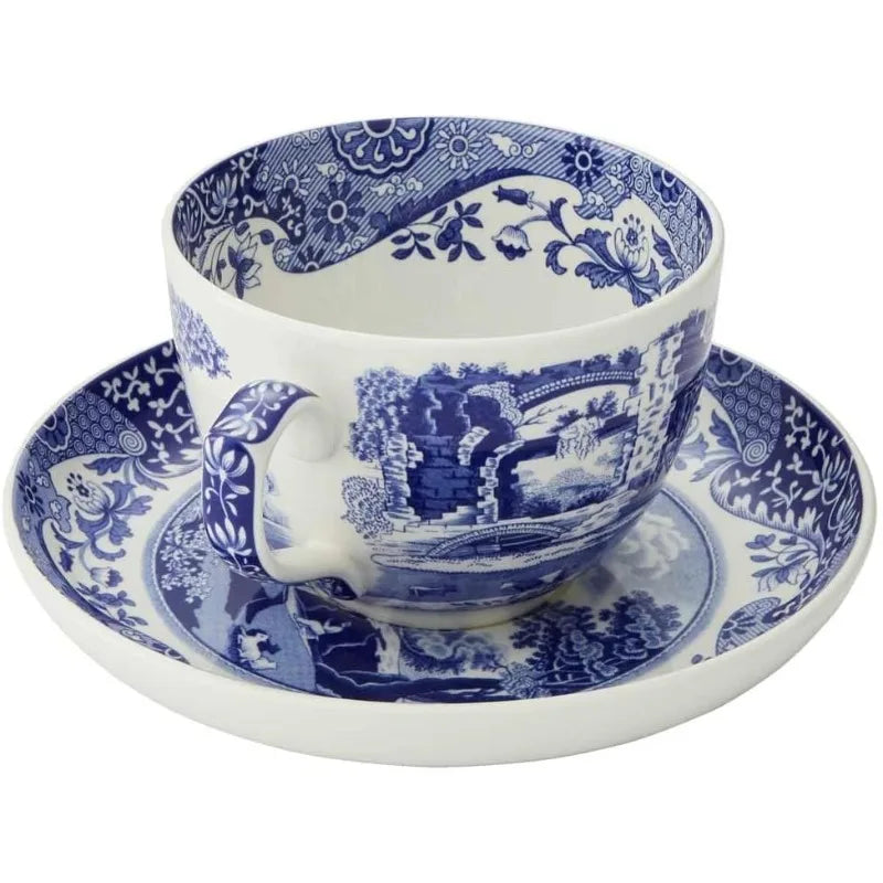 Blue Italian Jumbo Teacup and Saucer Set | 20-ounce Capacity