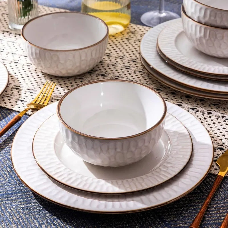 Embossed Elegant Stoneware Plates and Bowls Sets