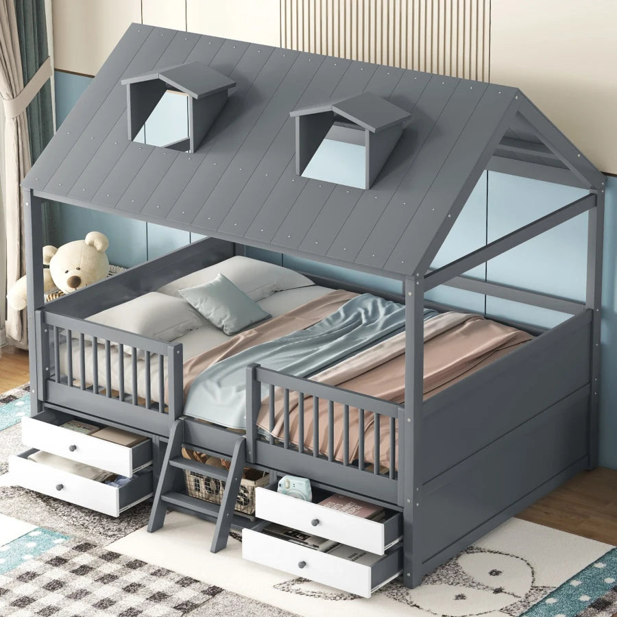 Full Size, Roof Design, Wood House Bed Frame, for Kids