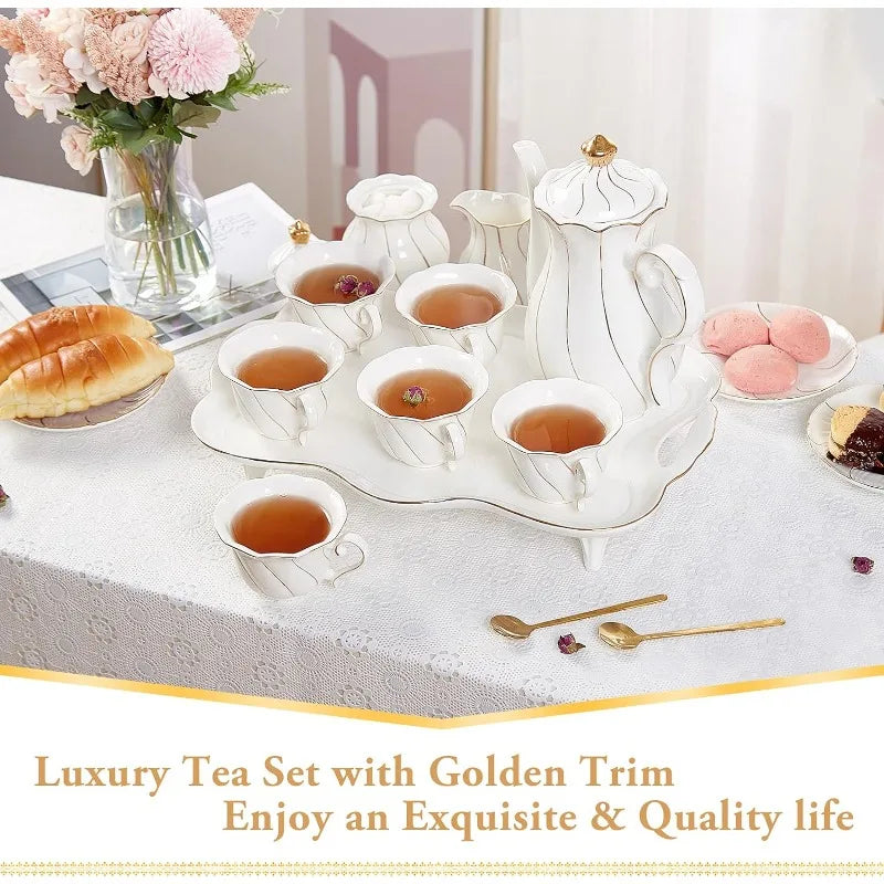 14 pcs Tea Set for 6 with Tea Tray & Spoons, Luxury British Style Tea/Coffee Cup Set with Golden Trim