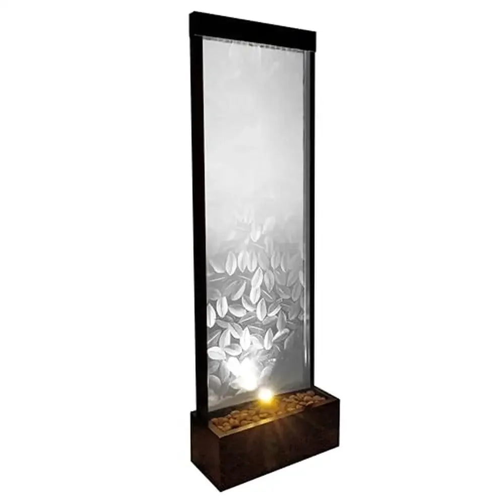 72" Indoor/Outdoor Waterfall Embossed Leaves Design Modern Glass Panel Fountain with LED Light