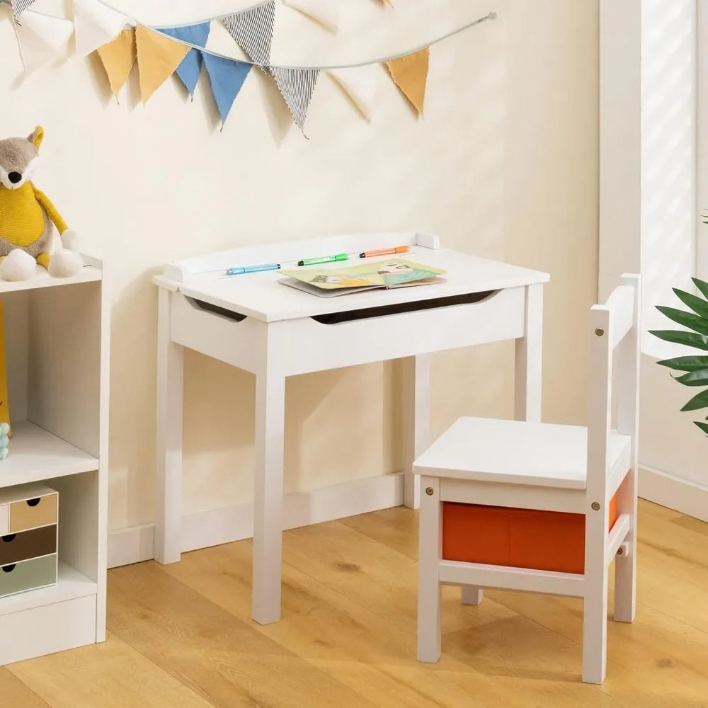 Kid's Wooden Lift-Top Desk & Chair Activity Table Set with Storage, Paper Roll Holder & Pen Slot