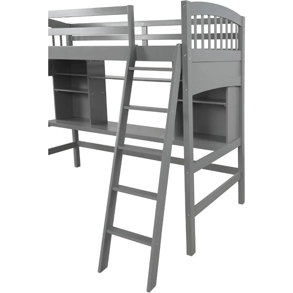 Solid Wood Loft Bed Frame with Desk