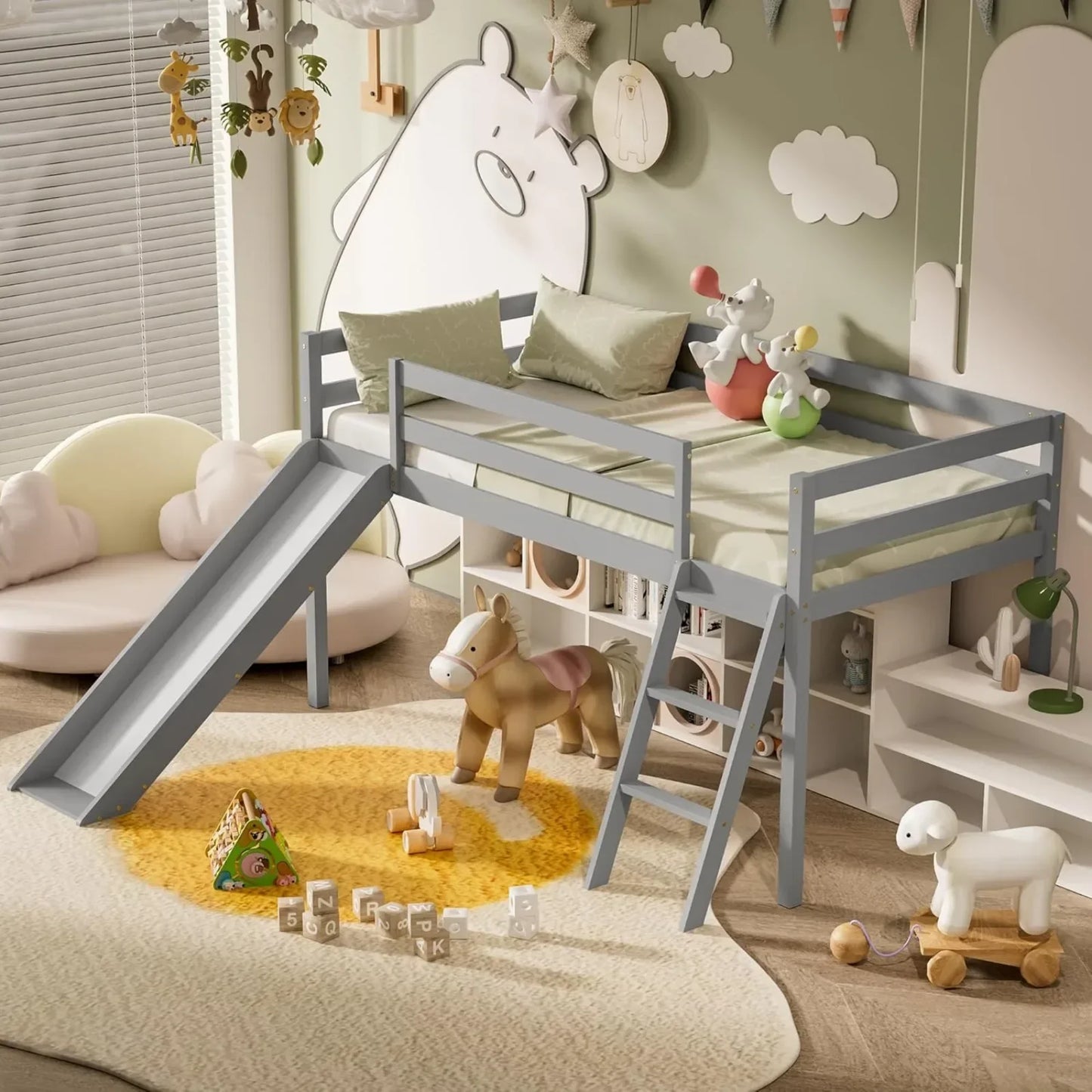 Kids Wood Twin Loft Bed Frame with Climbing Ladder & Storage Space for