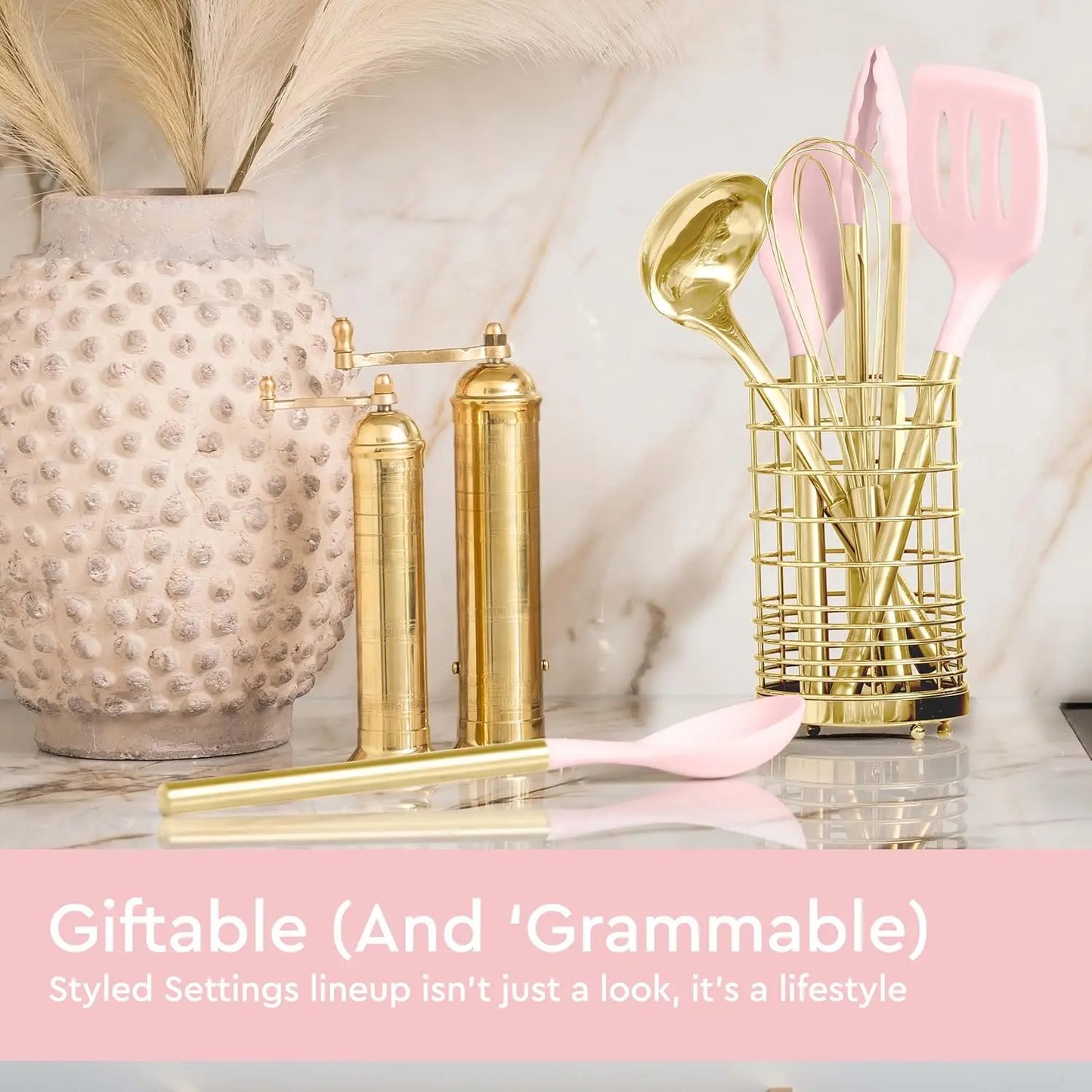 17 PC Gold & Pink Silicone Cooking Utensils Set Includes: Gold Utensil Holder