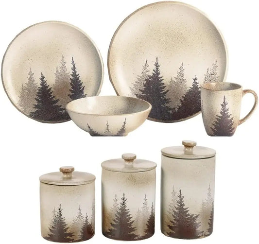 19 Piece Forest Pine Tree Cabin Themed Ceramic Dishware Set