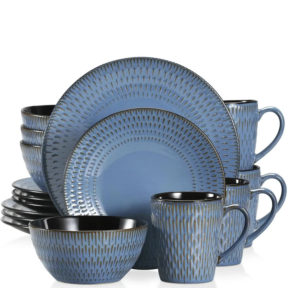 VANCASSO PLUVO 16PCS Blue Embossed Stoneware Set