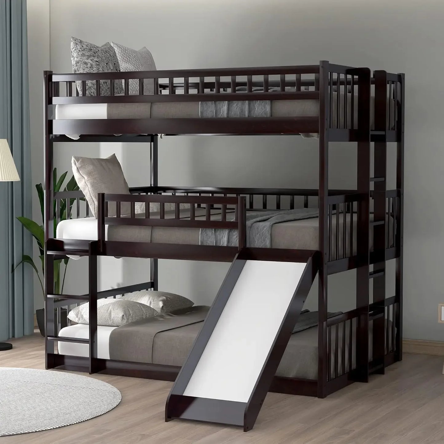 Full Over Full Over Full Triple Bunk Beds with Slide