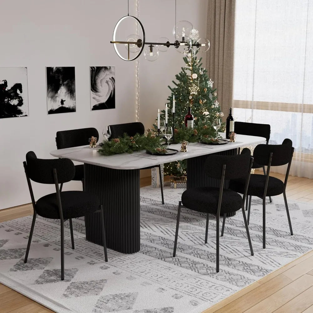 7 Piece - Faux Marble Dining Table & Black Upholstered Boucle Chairs