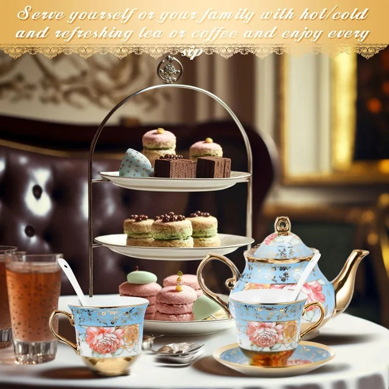 20 Pcs European Porcelain Tea Set with Metal Holder, Service for 6