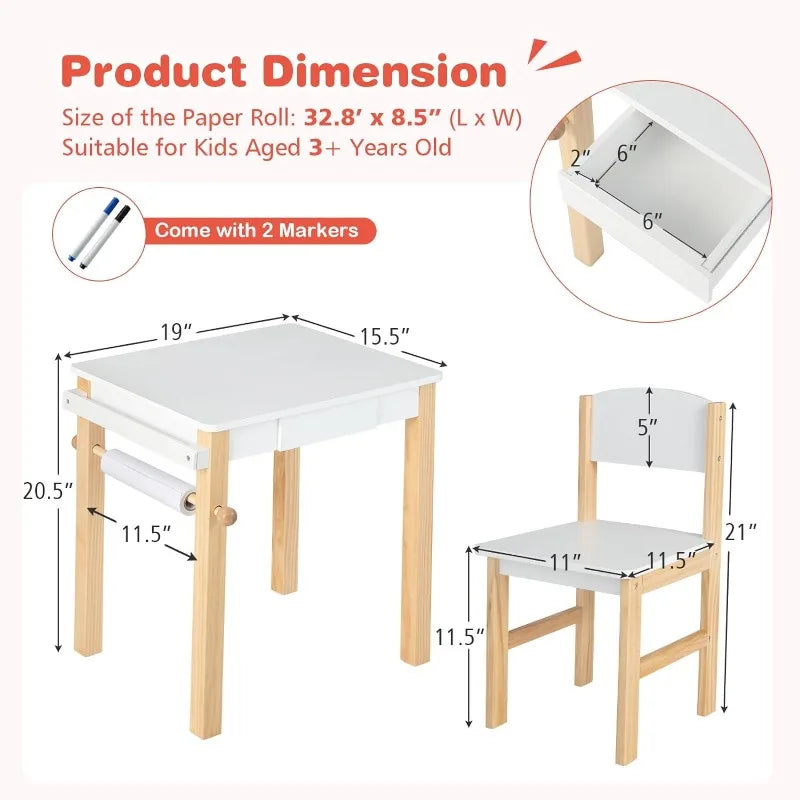 Toddler Study Desk w/Paper Roll, Drawer, 2 Marker Pens, Wooden Activity Table Set