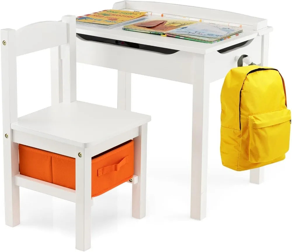 Kid's Wooden Lift-Top Desk & Chair Activity Table Set with Storage, Paper Roll Holder & Pen Slot