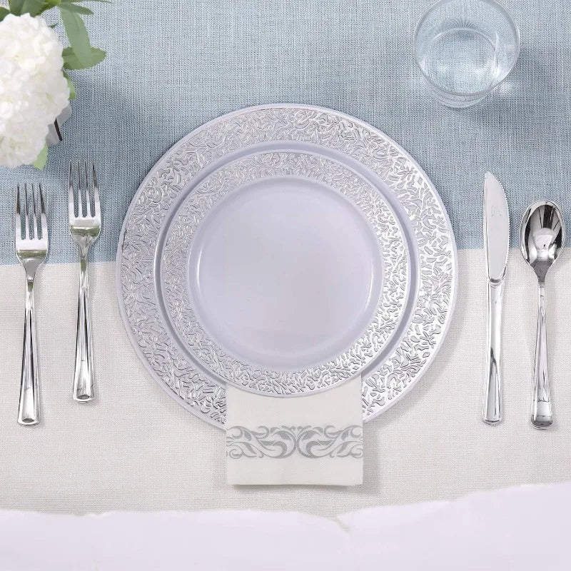 350pcs Heavy Duty, Lace- Rimmed, Disposable Dinnerware Set for 50 Guests