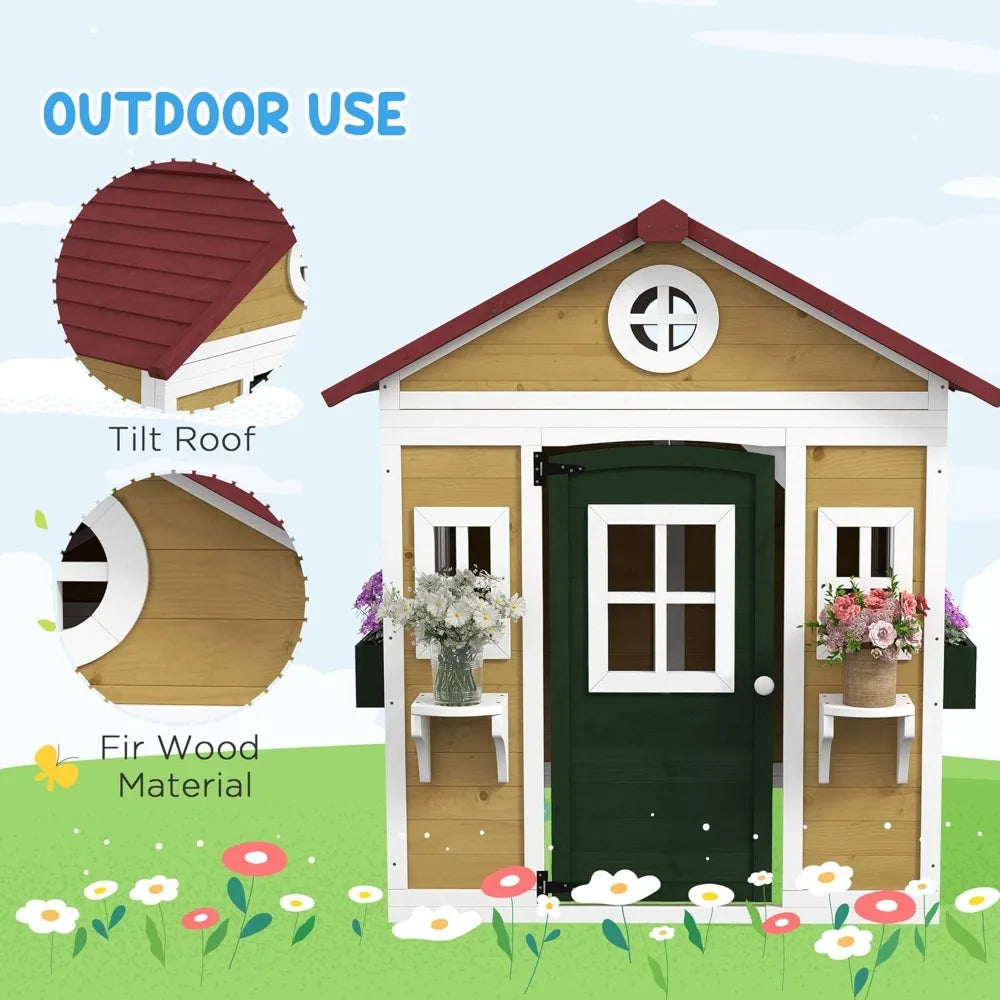 Wooden Playhouse with Planter Pots Boxes for Toddlers 3-8 Years