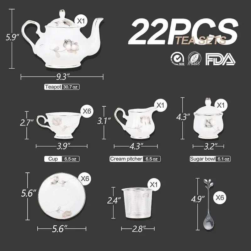 22-Piece Porcelain Ceramic Tea Set, Teapot and Cup Set, for 6