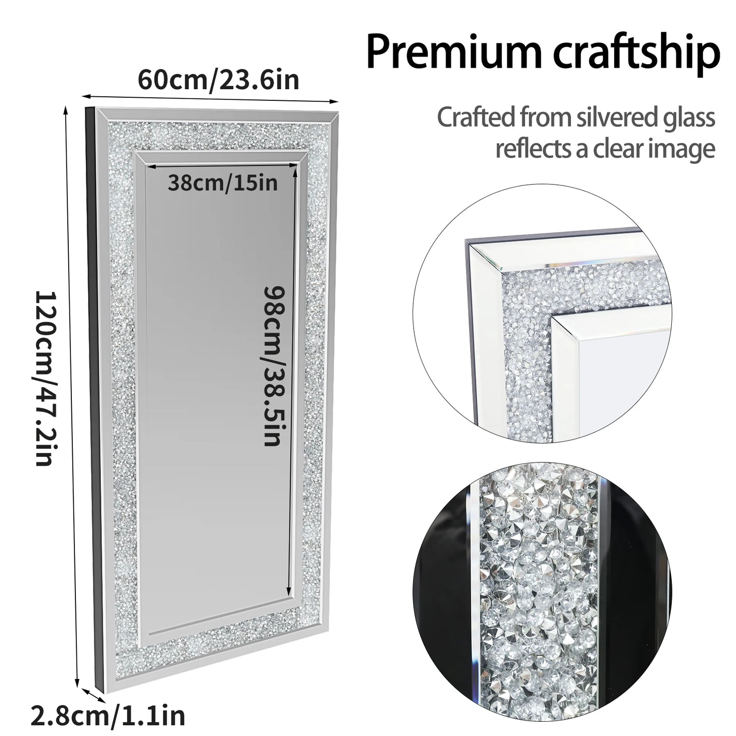 48" x 24" Crush Diamond Wall Mirror with Beveled Glass Sparkly Crystal Frame Edge