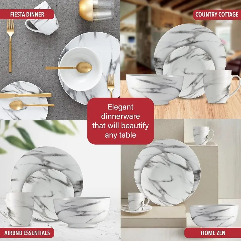 16-Piece Marble Dinnerware Set, Porcelain, White